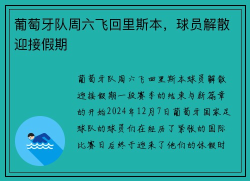 葡萄牙队周六飞回里斯本，球员解散迎接假期