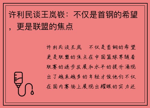 许利民谈王岚嵚：不仅是首钢的希望，更是联盟的焦点
